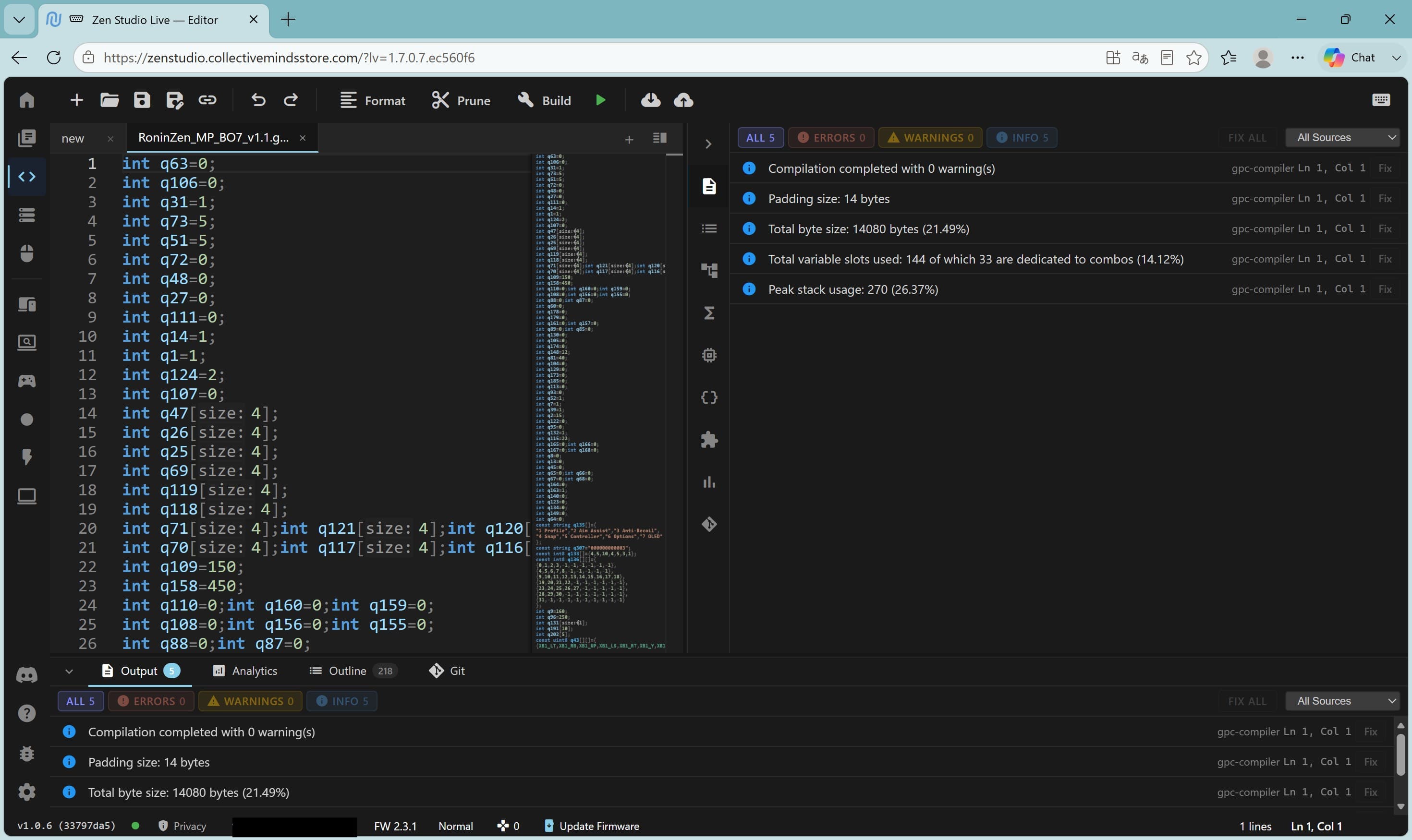 Zen Studio Editor showing a Ronin Zen script compiled with zero errors and zero warnings