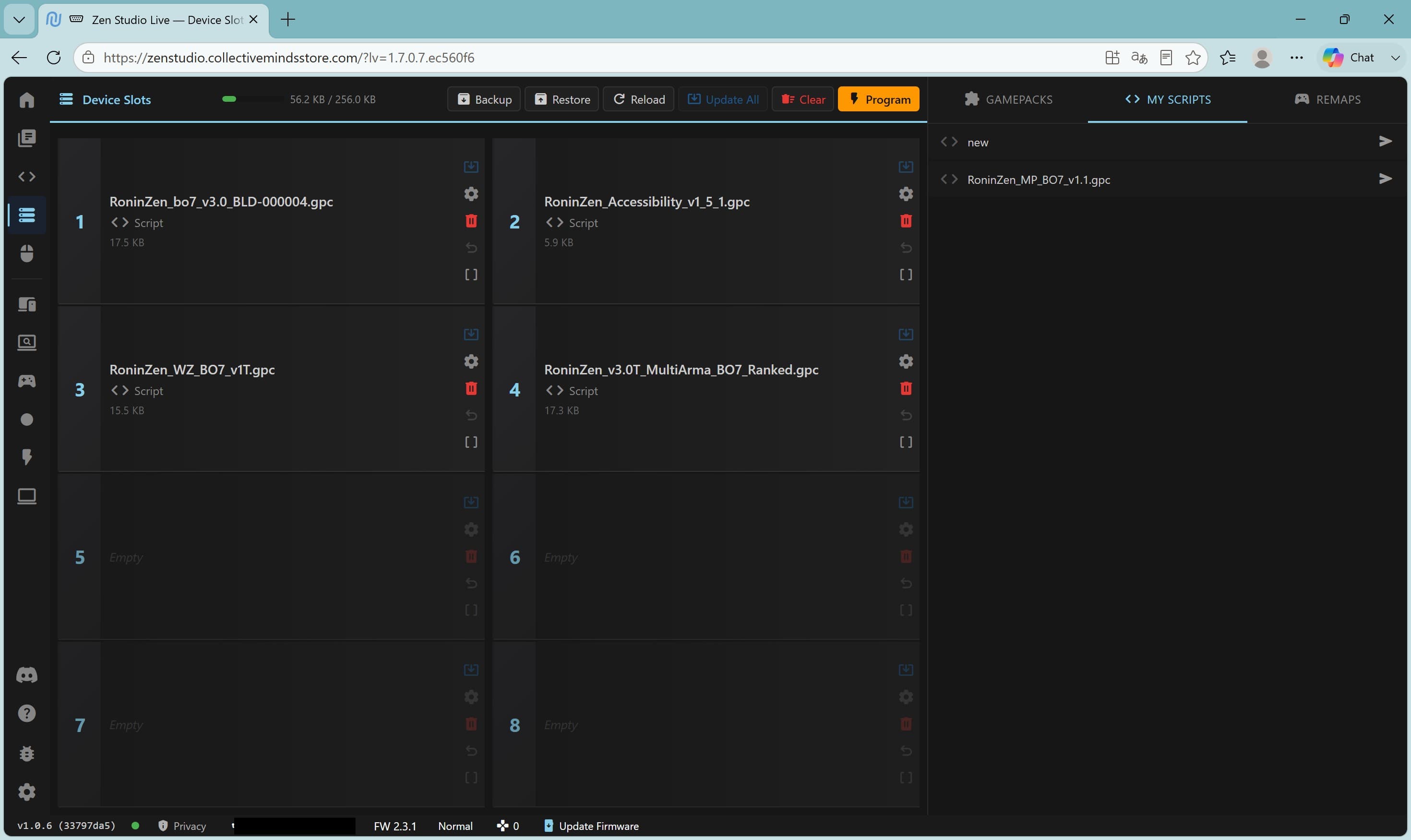 Zen Studio Device Slots page with the My Scripts tab open